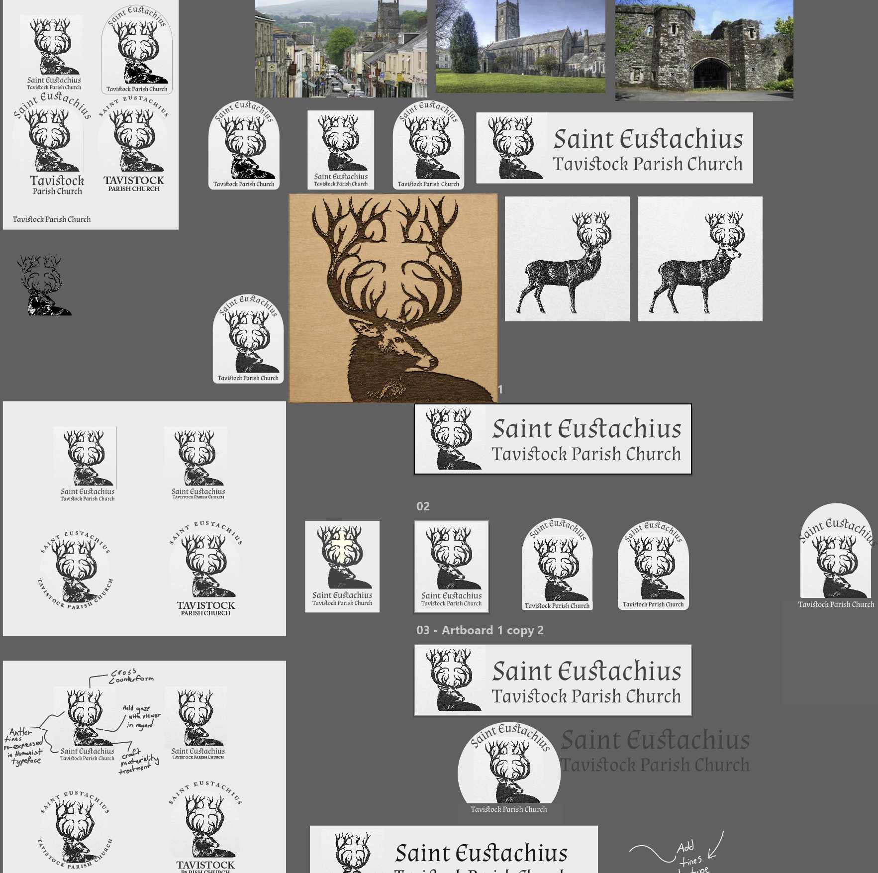 Working artboard: reference photographs of Tavistock, lockup explorations, the mark rendered on a wood-toned surface, and full-body stag studies.